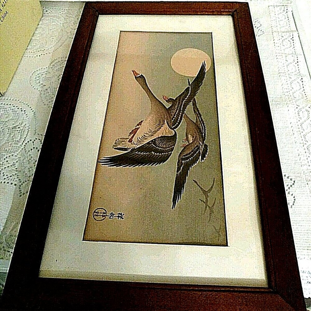 Japanese Ink Painting of Geese n Flight Antique Early 19TH Century Framed Signed